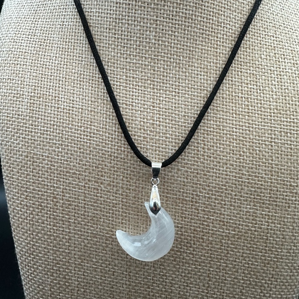 Small Selenite Crescent Moon Pendant on Black Satin Rope - Picture 5 of 7